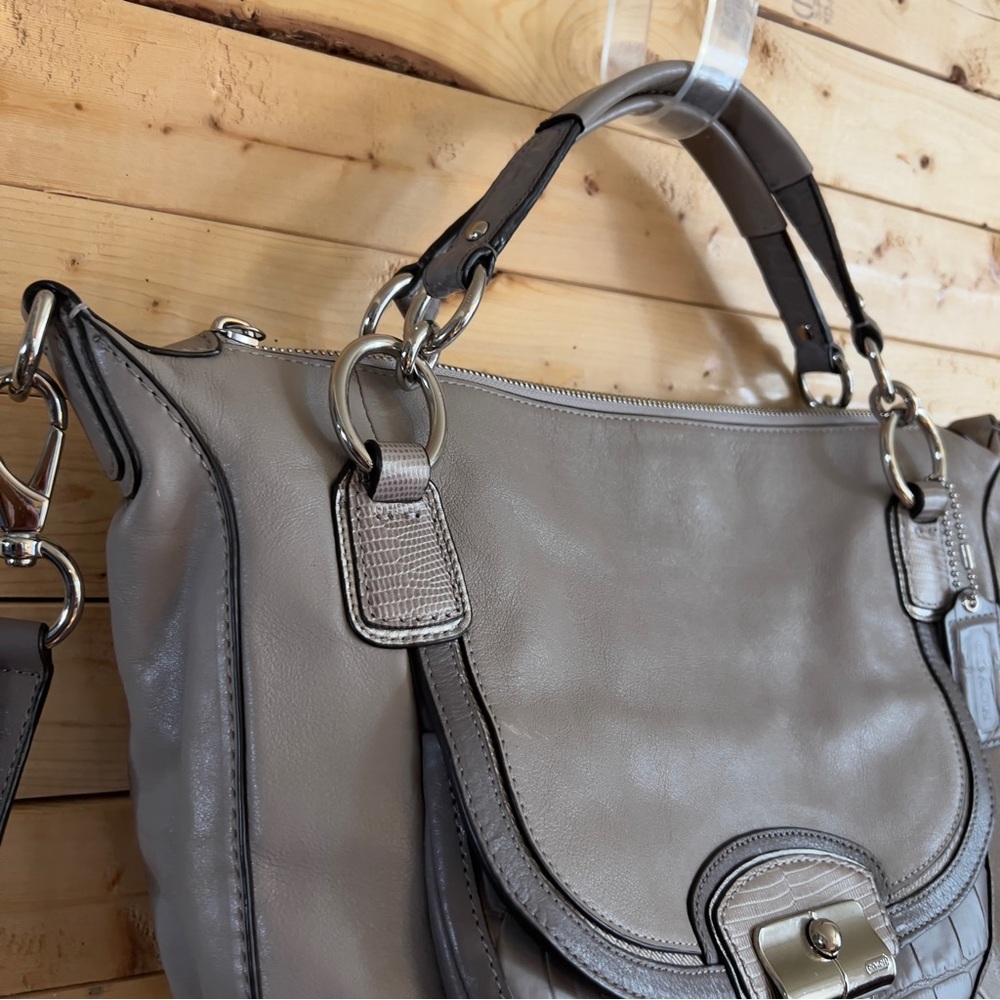 Coach Kristin Spectator Gray Taupe Leather Croc Trim Zip Satchel Crossbody Bag - Picture 3 of 14